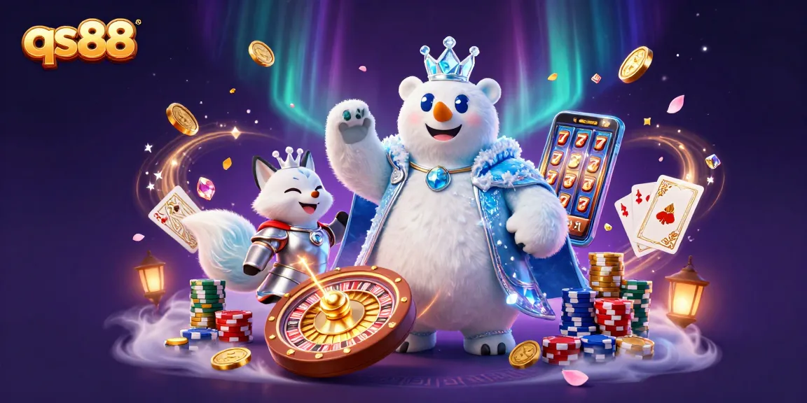 Experience the thrill of qs88 with an epic 3D casino scene featuring a royal polar bear and snow fox.