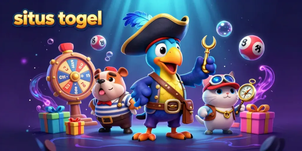 Menghadirkan situs togel dengan karakter 3D kartun di tengah momen menggembirakan, dikelilingi elemen permainan.