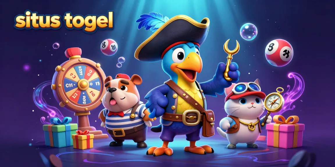 Menghadirkan situs togel dengan karakter 3D kartun di tengah momen menggembirakan, dikelilingi elemen permainan.
