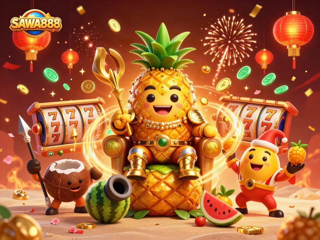 Experience exciting gameplay at SAWA888 with slot reels, a majestic pineapple king, and festive elements.