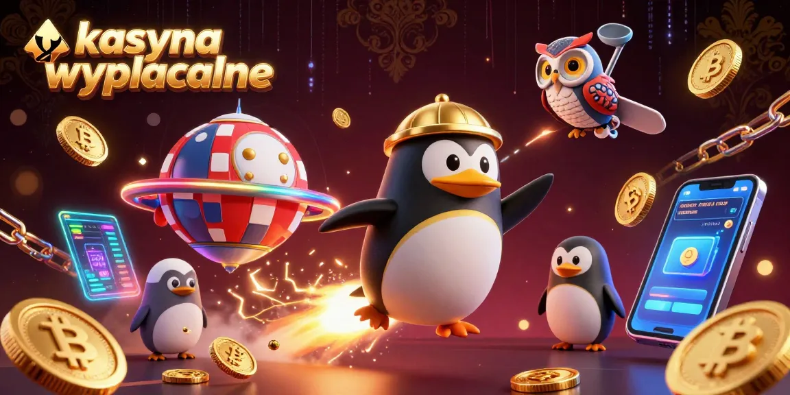 Experience kasyna wyplacalne with a golden penguin flying toward a casino chip in a vibrant space.