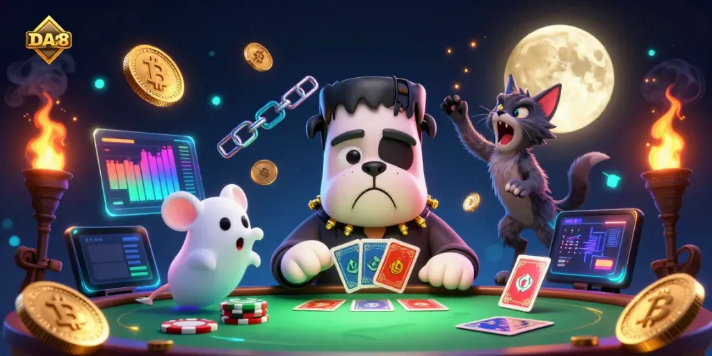 Experience DA88 gaming with a spooky twist, featuring a cartoon bulldog dealer and eerie elements.