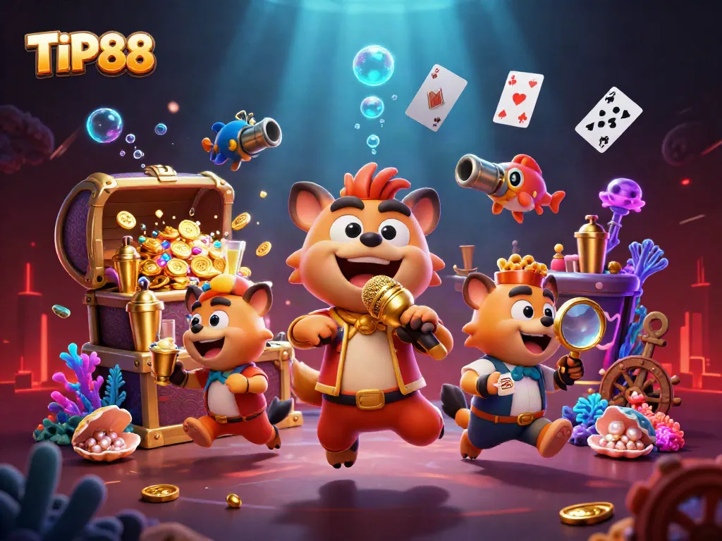 Engage with the vibrant TIP88 casino scene featuring hyenas in a comedic atmosphere with 3D casino elements.