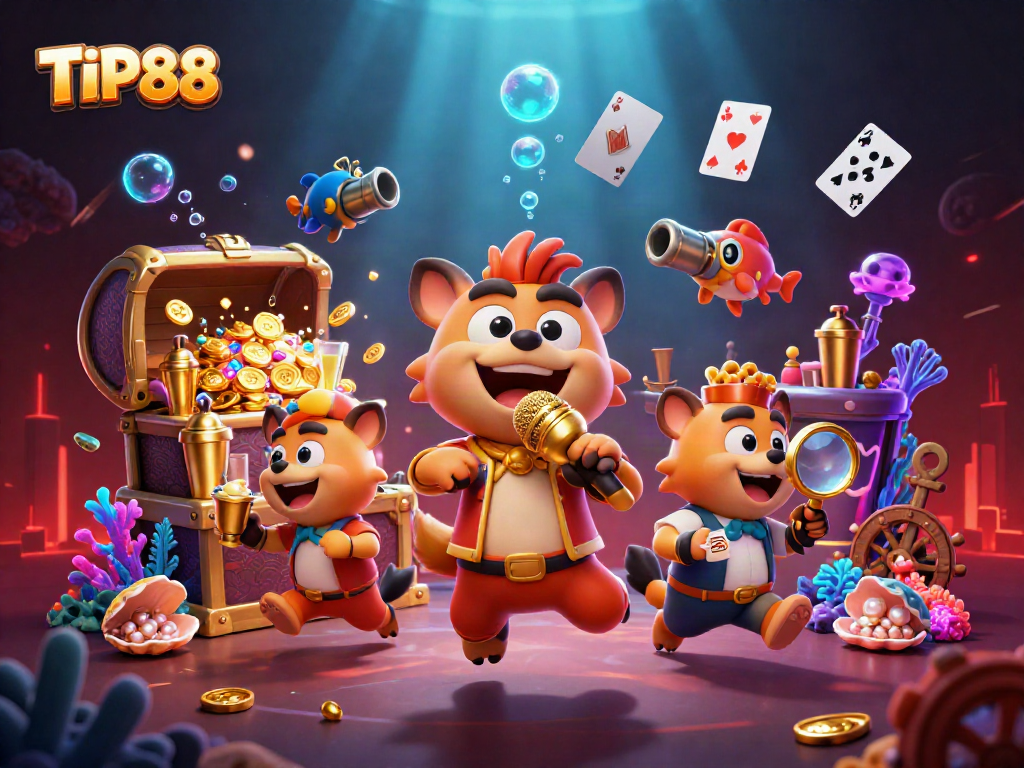 Engage with the vibrant TIP88 casino scene featuring hyenas in a comedic atmosphere with 3D casino elements.