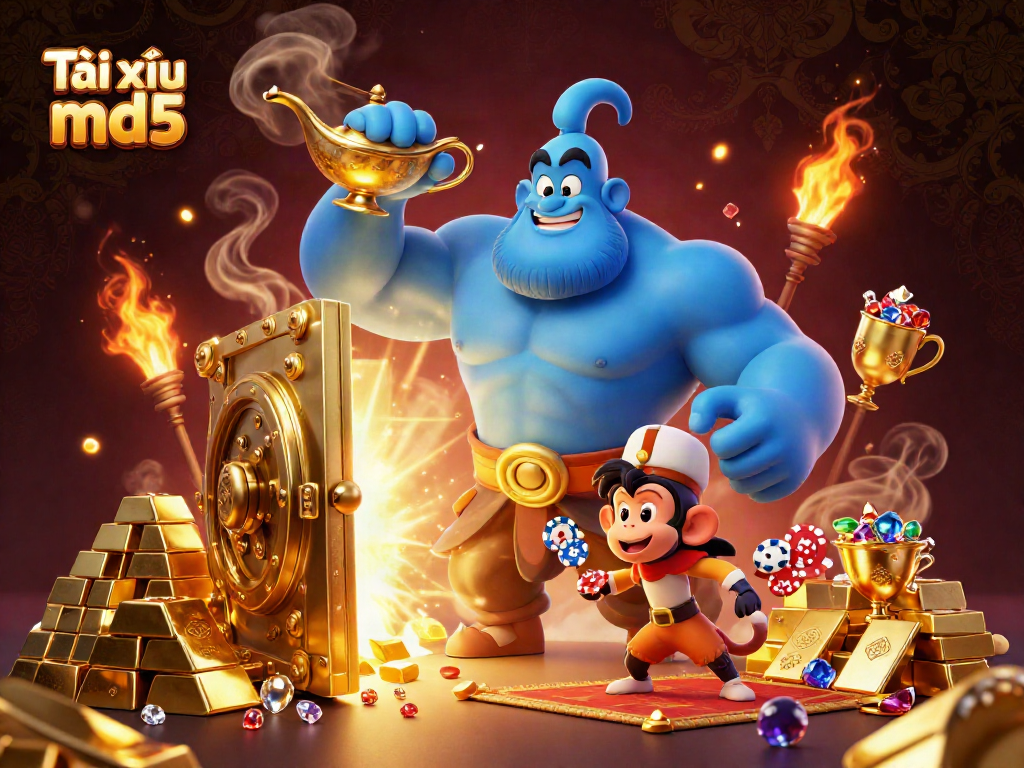 Engage with Tài xỉu md5 in a whimsical world featuring a genie, a monkey, and poker chips amidst golden treasures.