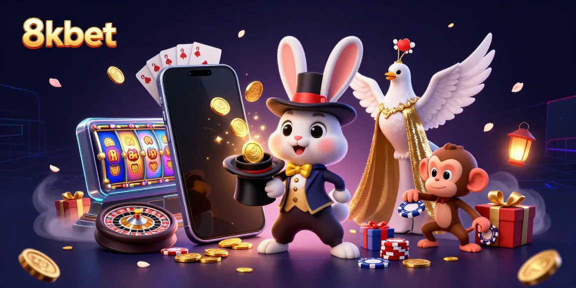 Experience magic and excitement with 8kbet's charming casino scene featuring coins, cards, and vibrant characters.