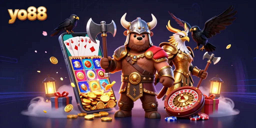 yo88 offers thrilling casino action with a vibrant 3D illustration of a Viking bear and eagle.