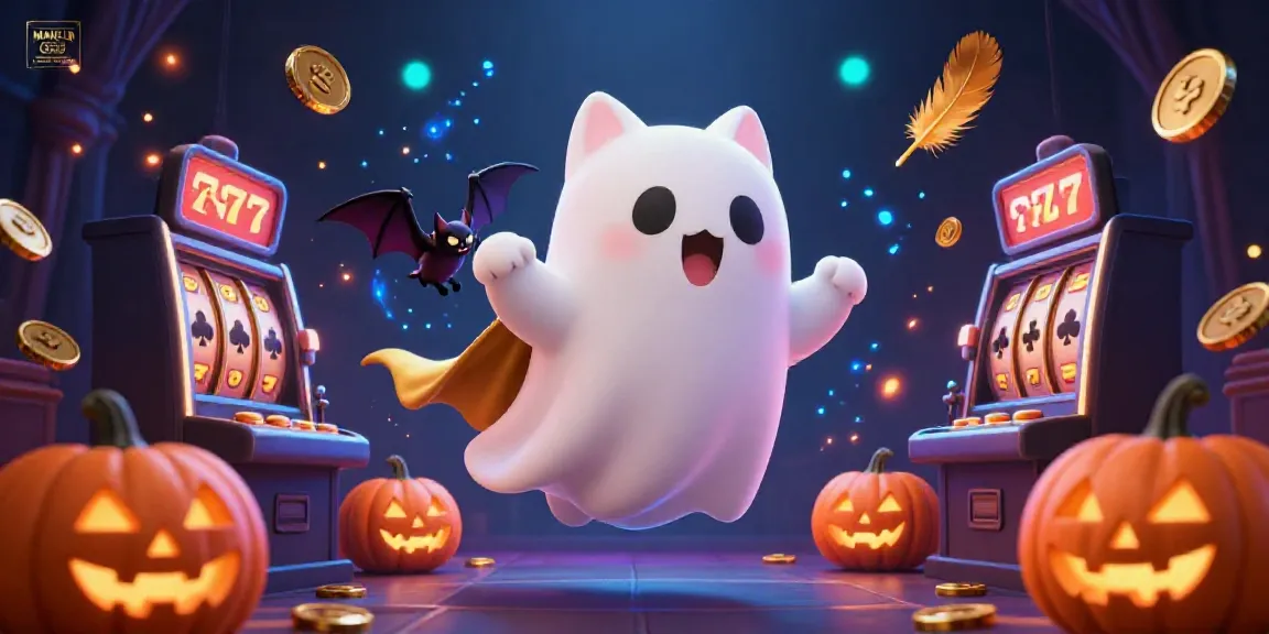 Engage in thrilling excitement at MANCLUB with a vibrant casino scene featuring a friendly ghost cat and vampire bat.