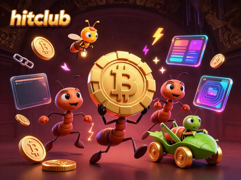 Hitclub ants perform a heist with a poker chip amidst vibrant crypto elements in a casino-themed tableau.
