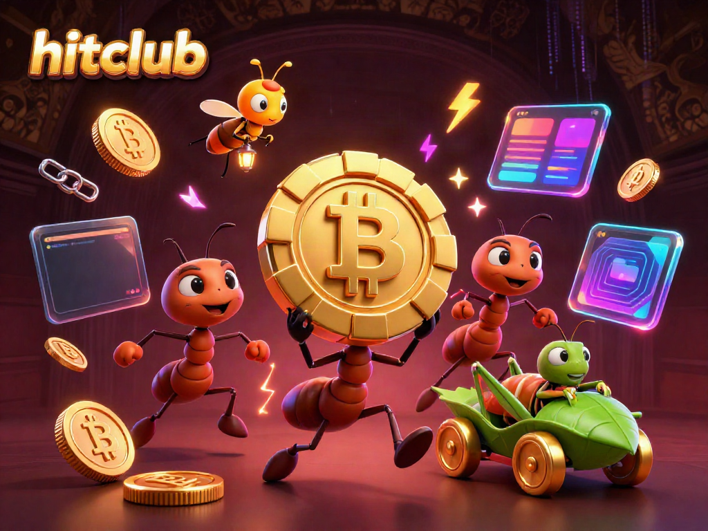 Hitclub ants perform a heist with a poker chip amidst vibrant crypto elements in a casino-themed tableau.