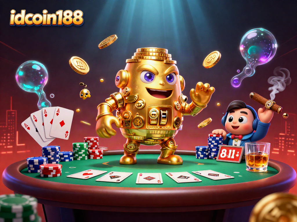 Engage with idcoin188's vibrant 3D casino world featuring a golden golem amidst poker and gaming excitement.