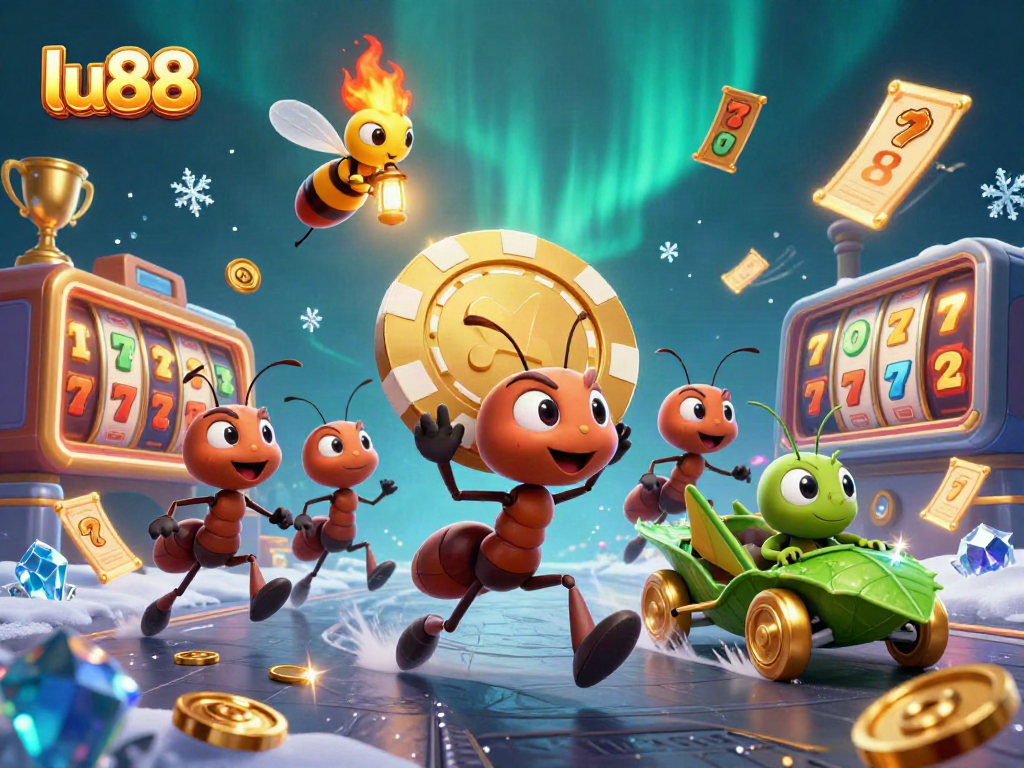 Engaging visual of lu88 featuring cartoon ants in a heist with gold poker chips and casino elements.