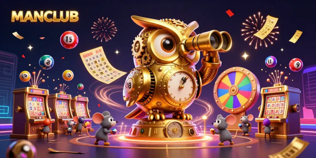 Engage with MANCLUB's vibrant casino atmosphere featuring a golden owl and slot machines.
