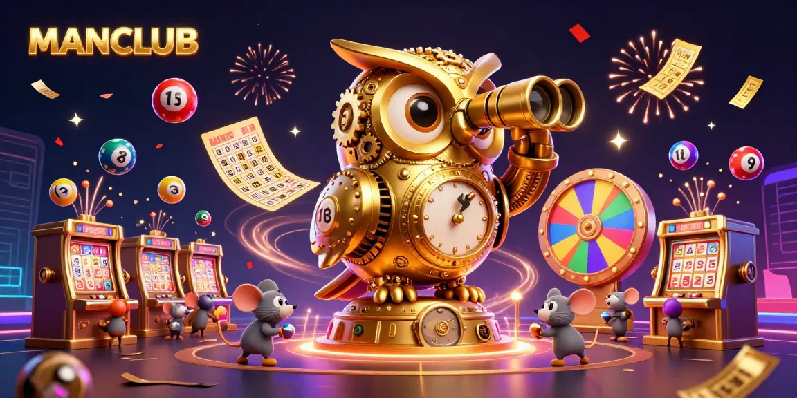 Engage with MANCLUB's vibrant casino atmosphere featuring a golden owl and slot machines.