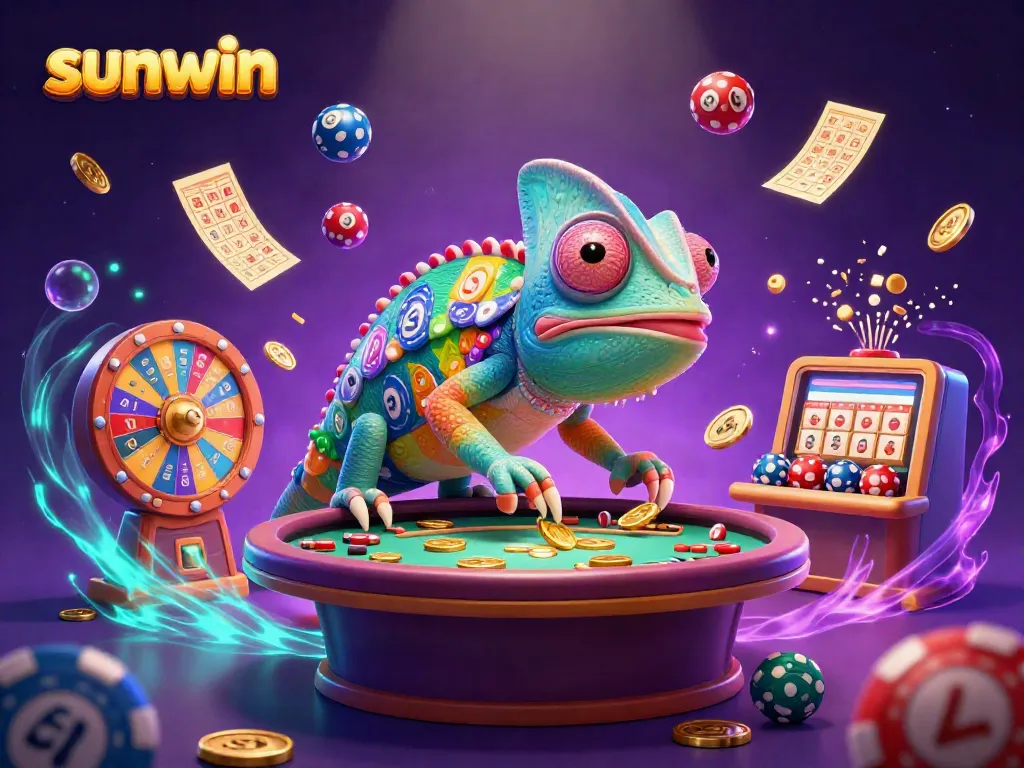 Experience thrilling games at sunwin with an animated chameleon collecting golden coins.