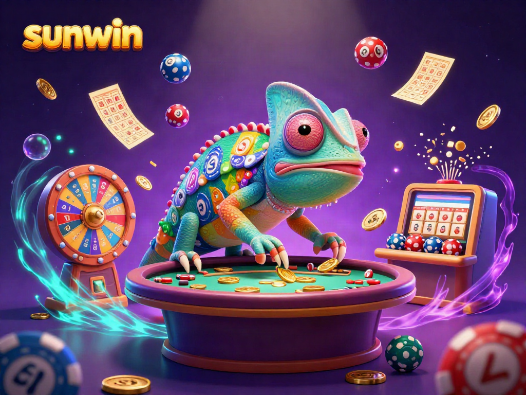 Experience thrilling games at sunwin with an animated chameleon collecting golden coins.