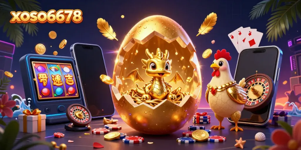 Xoso6678 showcases a dazzling 3D dragon emerging from a golden egg with vibrant casino elements.
