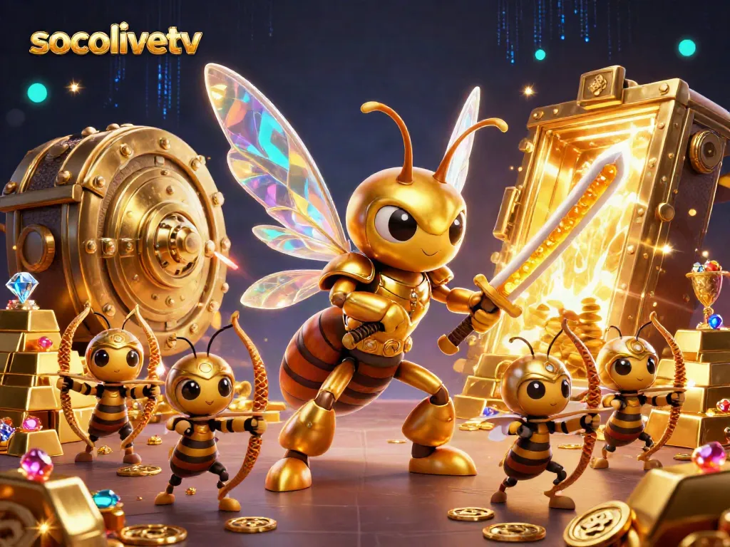 Engage with the vibrant world of socolivetv, featuring a giant golden hornet samurai surrounded by lavish treasures.