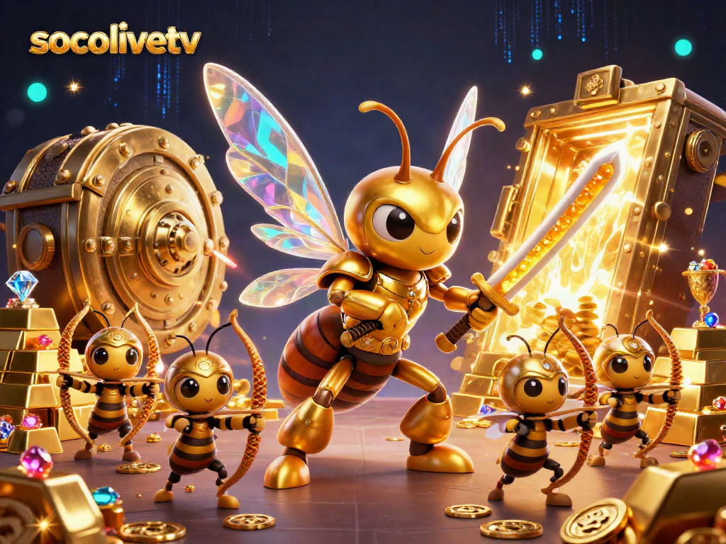 Engage with the vibrant world of socolivetv, featuring a giant golden hornet samurai surrounded by lavish treasures.
