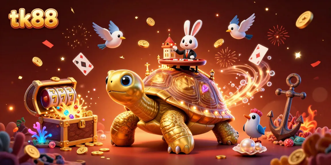 Experience thrilling casino fun with tk88, featuring a golden tortoise and rabbit dealer in an underwater adventure.