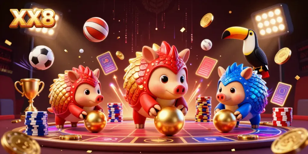 Experience the thrill of XX8 gaming with vibrant pangolin rivals bowling through poker chips in a festive casino atmosphere.