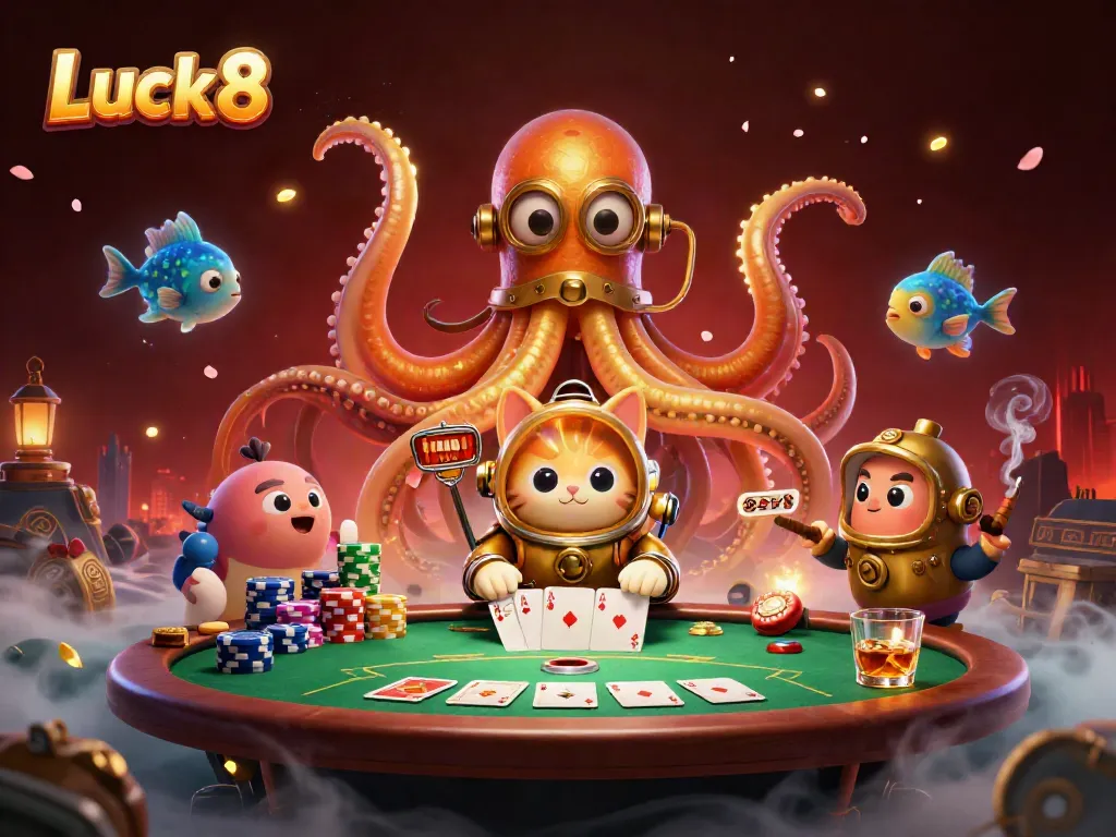 Engage in thrilling action at Luck8 with an adventurous underwater casino scene featuring a kraken, diver, and poker elements.