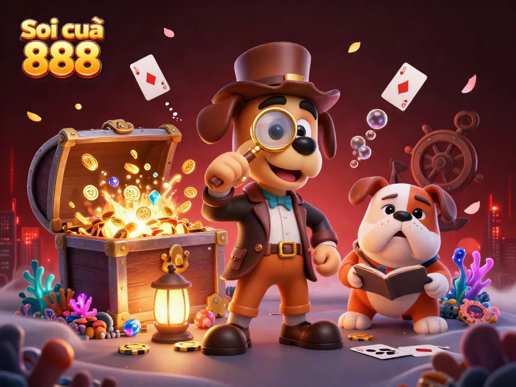 Soi cầu 888 features a detective bloodhound and Watson bulldog exploring a treasure-filled scene enhanced with casino elements.