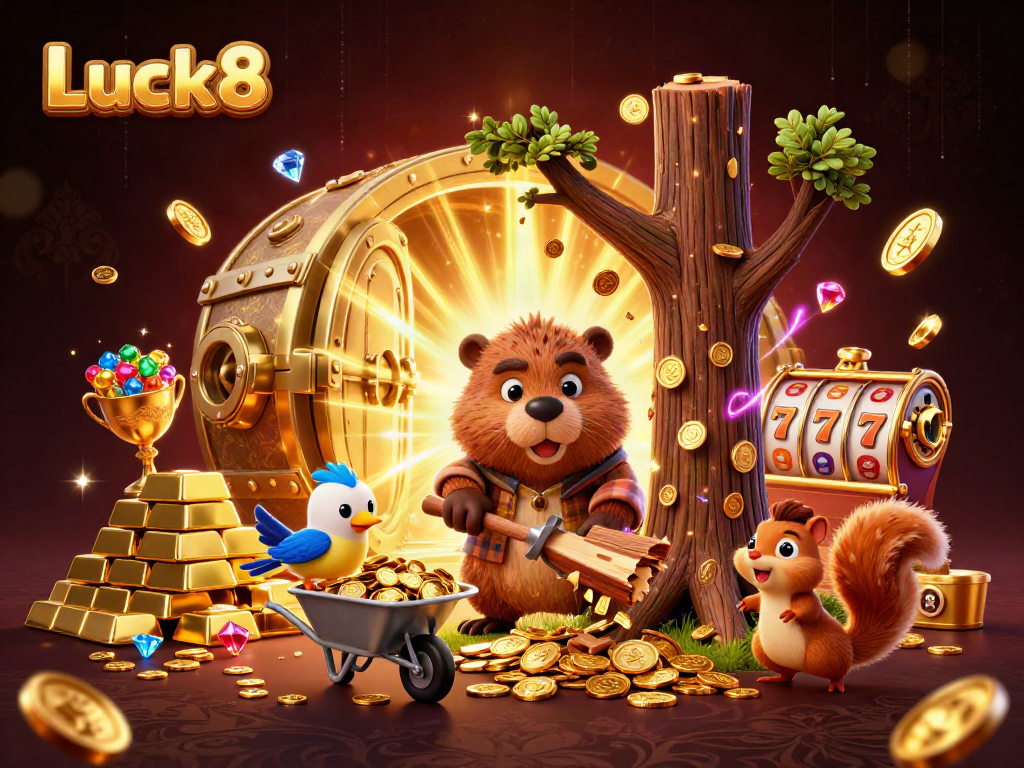 Luck8 showcases a vibrant scene of a beaver celebrating a jackpot amidst golden coins and slots.