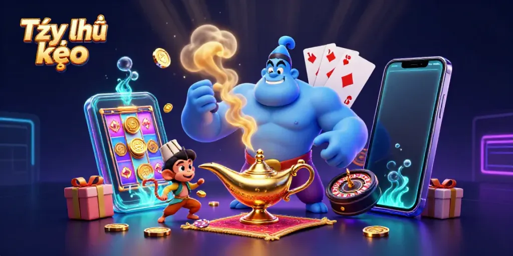 Experience Tỷ lệ kèo with a vivid 3D illustration of a genie, monkey, and poker chips amidst casino elements.
