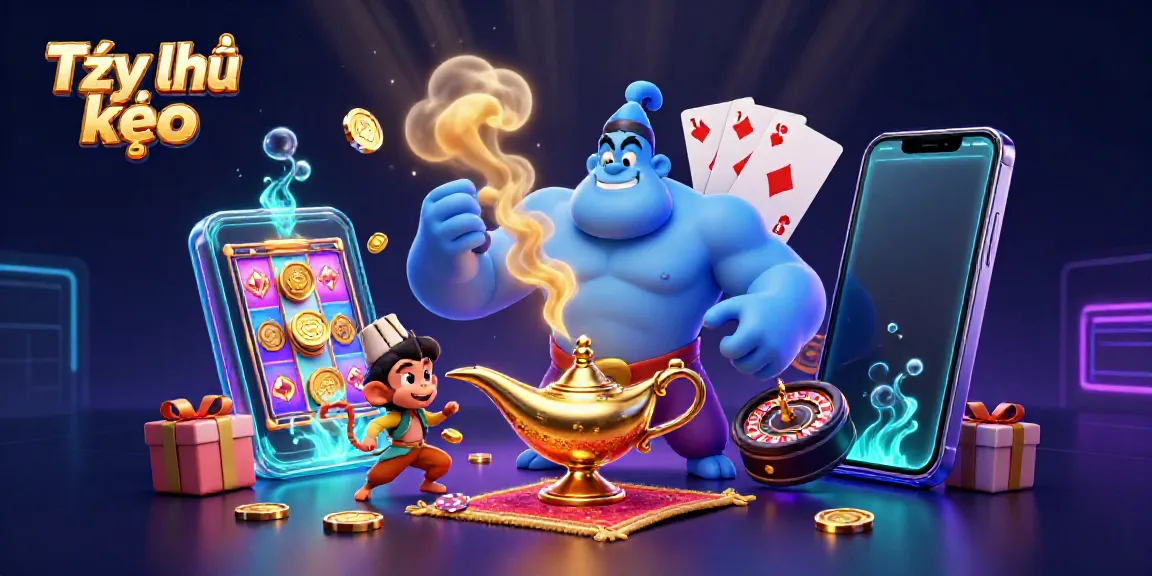 Experience Tỷ lệ kèo with a vivid 3D illustration of a genie, monkey, and poker chips amidst casino elements.
