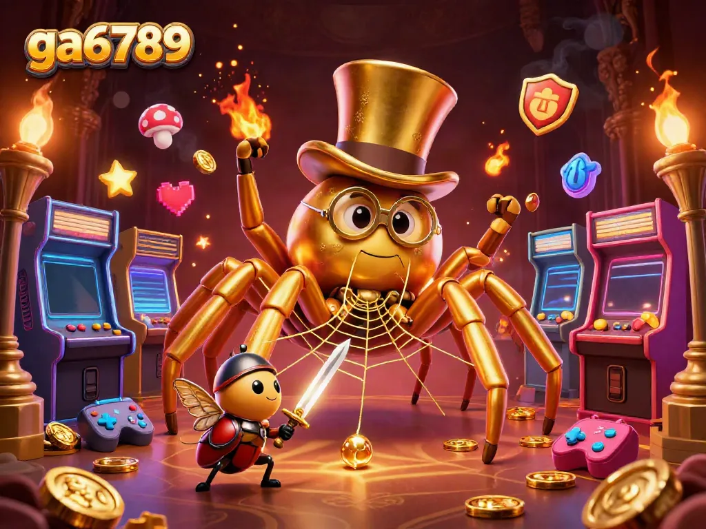 Experience ga6789's vibrant gaming world with a golden tarantula and beetle knight in a lively casino.