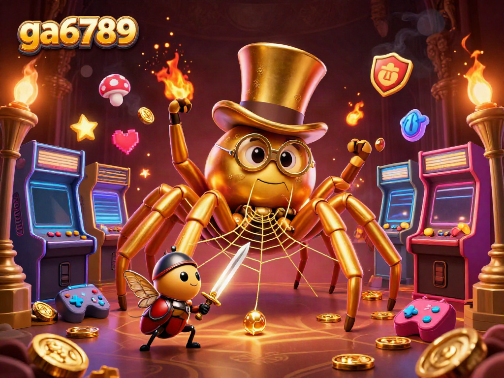 Experience ga6789's vibrant gaming world with a golden tarantula and beetle knight in a lively casino.