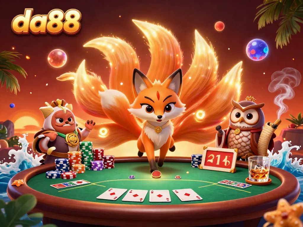 Engaging casino scene featuring da88 with a nine-tailed fox spirit and poker elements, enhancing the gambling experience.