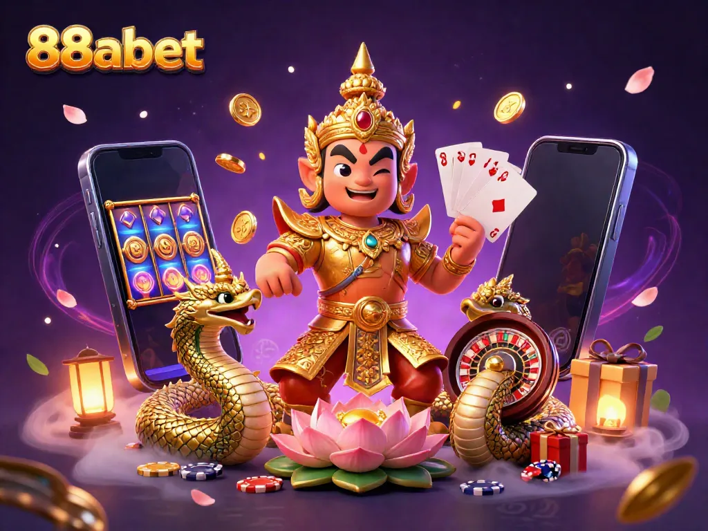 Engage with 88abet's vibrant gaming scene featuring a Thai temple guardian and dynamic casino elements.