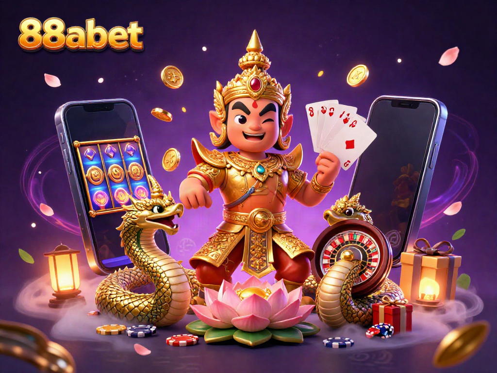 Engage with 88abet's vibrant gaming scene featuring a Thai temple guardian and dynamic casino elements.
