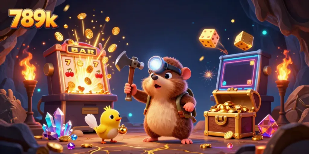 Engage in thrilling spins at 789k's jackpot slots with a treasure-hunting mole and dazzling casino elements.