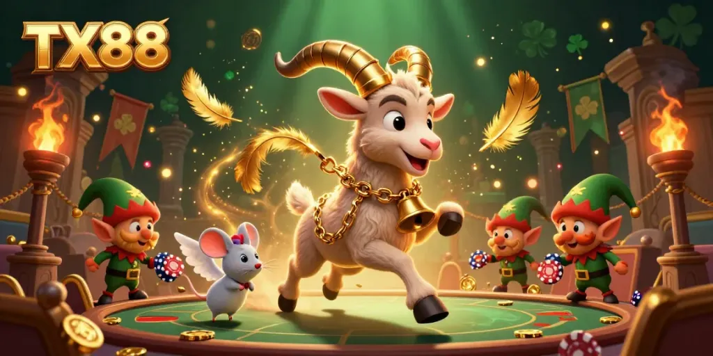 Engage in the thrilling TX88 casino experience featuring festive characters amid a dynamic gambling scene.
