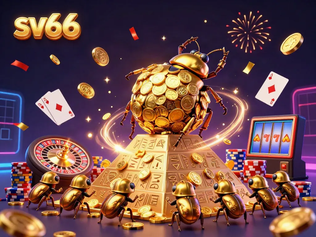 Experience sv66's vibrant gaming adventure with dazzling elements in a casino-themed landscape.
