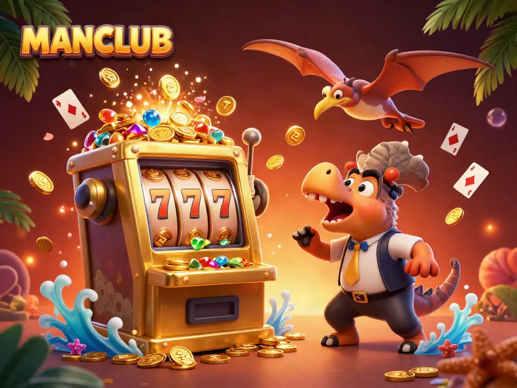 Experience the dynamic jackpot action at MANCLUB with animated dinosaurs amidst casino excitement.