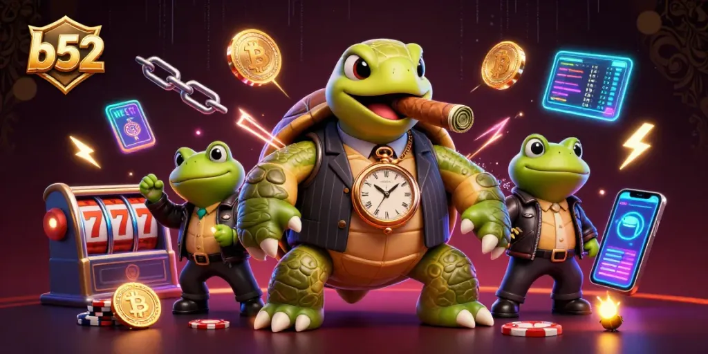 Engage in thrilling slots action at b52 casino, featuring a snapping turtle and bullfrog enforcers.
