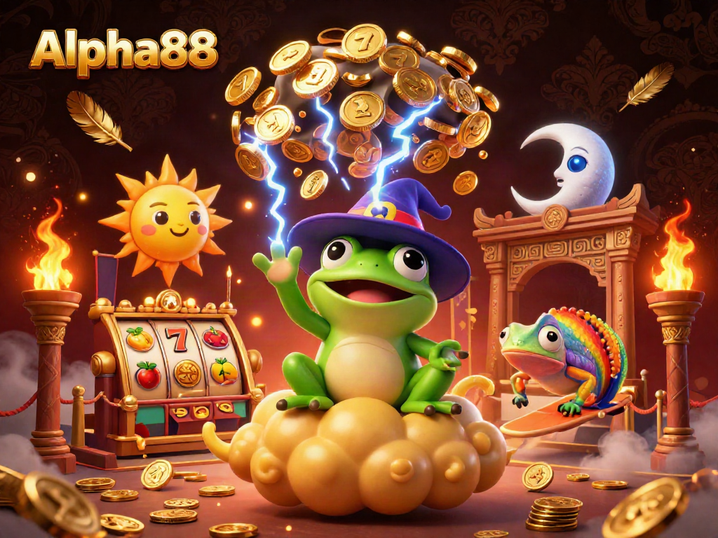 Alpha88 slots illustration featuring a wizard frog, chameleon, and vibrant casino elements.