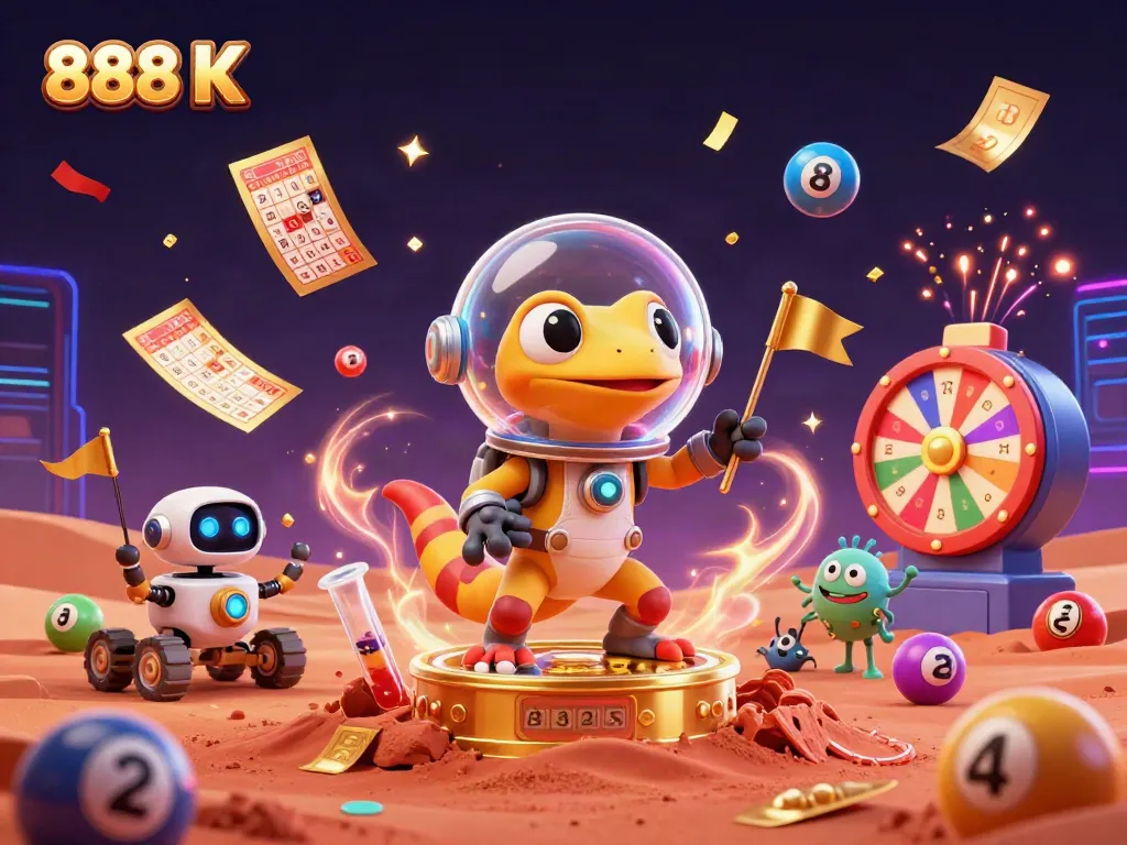 Engage in thrilling moments at 888 K casino with vibrant lottery elements and a Martian gecko adventure.
