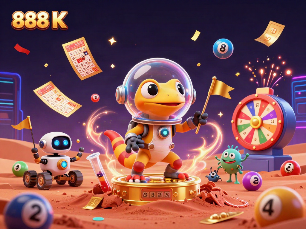 Engage in thrilling moments at 888 K casino with vibrant lottery elements and a Martian gecko adventure.