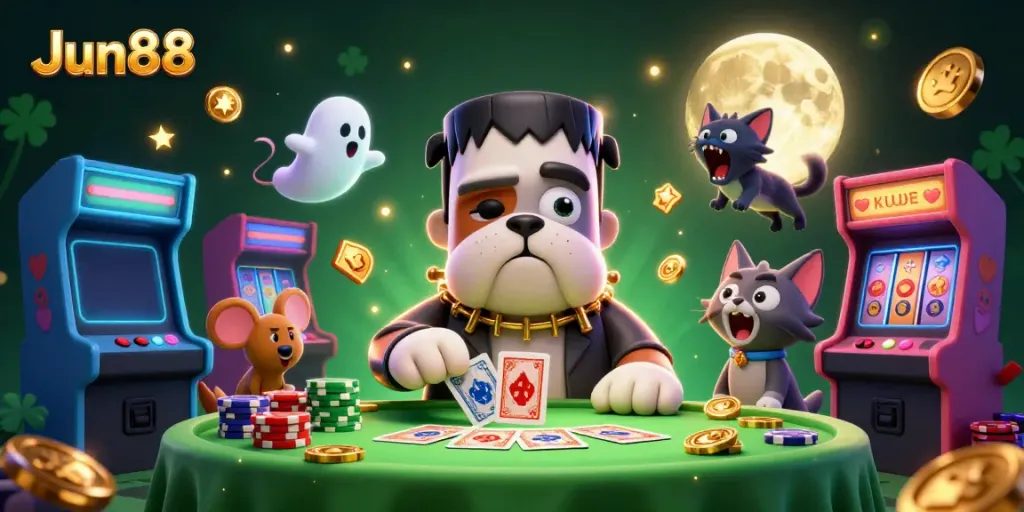 Jun88 showcases the playful atmosphere of gaming with Frankenstein bulldog dealer and ghost mouse at a lively casino table.