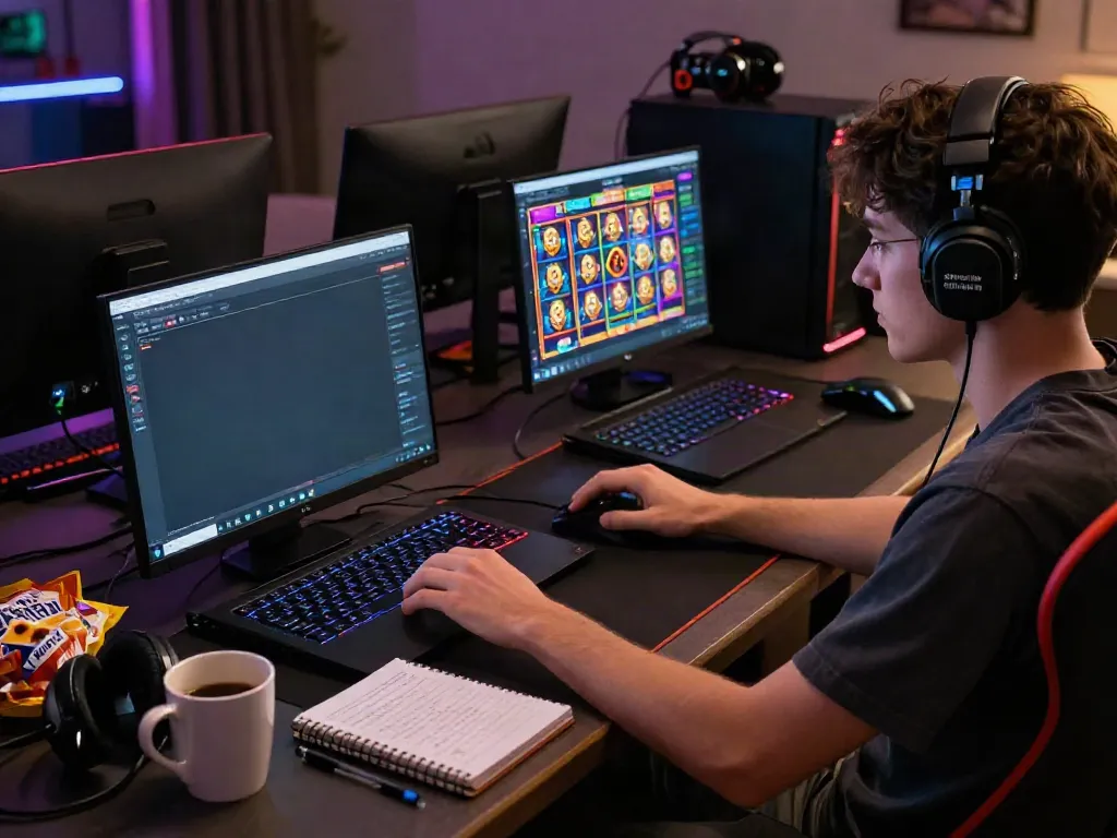 Engaged gamer exploring the slot88 platform on a vibrant laptop interface in a cozy nighttime workspace.