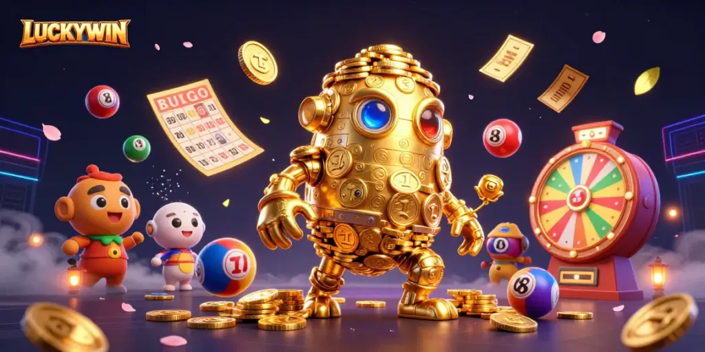 Experience the magic of LUCKYWIN with dynamic golden golem surrounded by colorful lottery elements.