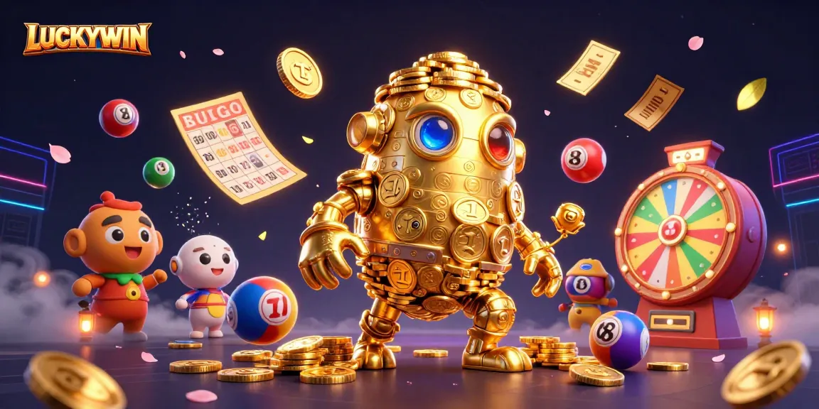 Experience the magic of LUCKYWIN with dynamic golden golem surrounded by colorful lottery elements.