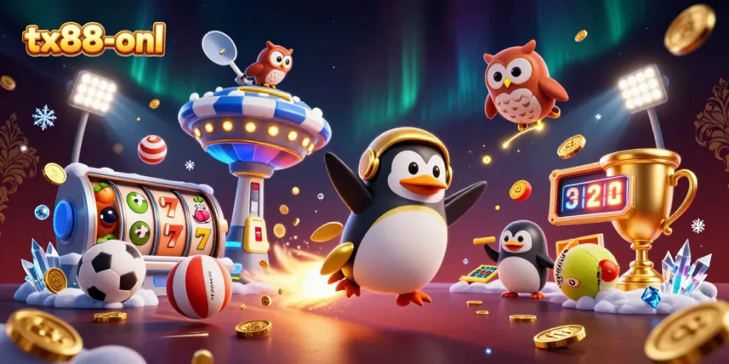 Experience the thrill of tx88-onl as golden coins trail from a rocket-powered penguin racing toward a casino.