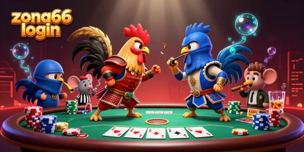 Experience the thrilling zona66 login with cartoon fighting roosters and a vibrant poker scene.