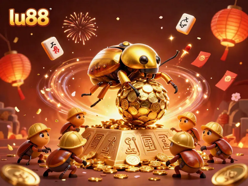 Experience thrilling action at lu88 with golden beetles and dynamic casino symbols in a festive setting.